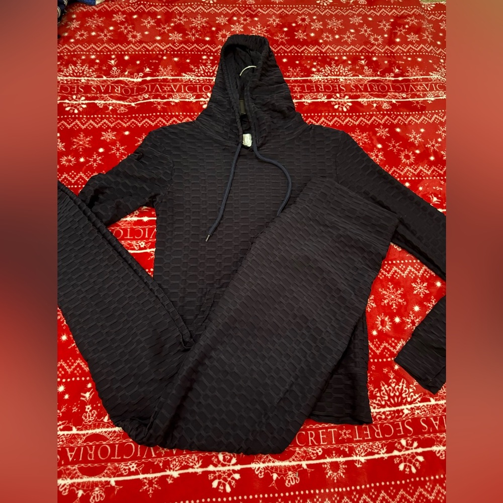 Dark navy blue Textured Hoodie and Pants Set